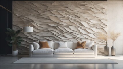 Fototapeta na wymiar White sofa near unique wavy stone 3d panel wall. Luxury interior