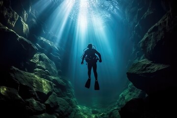 the silhouette of a cave diver against the cave entrance light