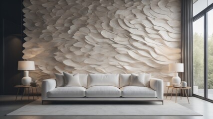 Fototapeta premium White sofa near unique wavy stone 3d panel wall. Luxury interior