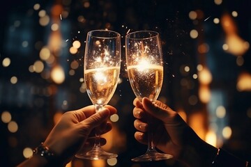 Hands holding glasses of white wine against the Christmas tree background, golden lights