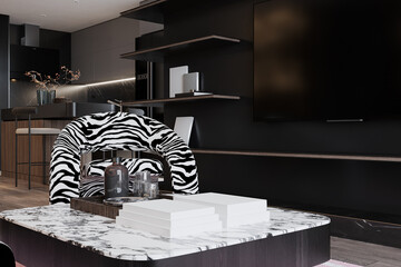 Black and White Marble Coffee table with Books and Glass and drinks in a living room, 3D rendering