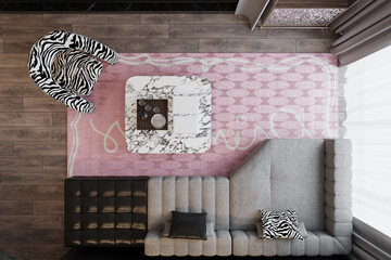 Pink Rug laying on the parquet floor, Armchair, and Modular sofa Next to the window, 3d rendering