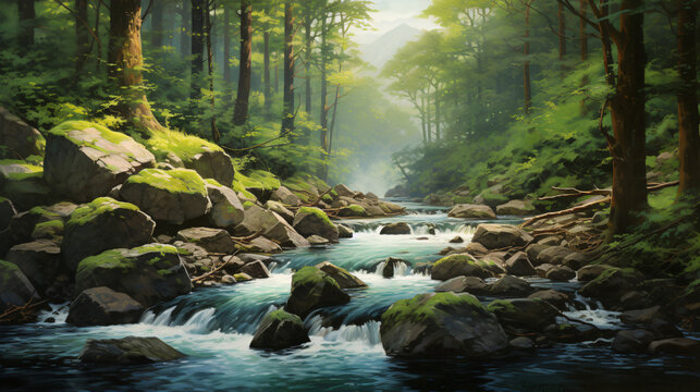 A painting of a river surrounded by trees