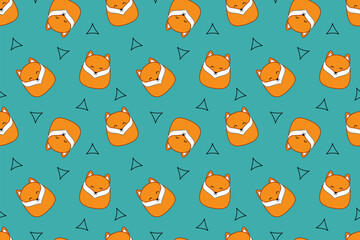 Cute seamless pattern with kawaii foxes. Squishmallow. Cute fox. Kawaii, vector