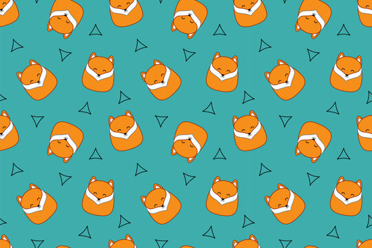 Cute seamless pattern with kawaii foxes. Squishmallow. Cute fox. Kawaii, vector