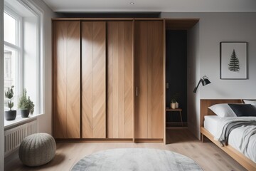 Wooden wardrobe with black marble doors in scandinavian style interior design of modern bedroom - obrazy, fototapety, plakaty