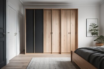Fototapeta premium Wooden wardrobe with black marble doors in scandinavian style interior design of modern bedroom