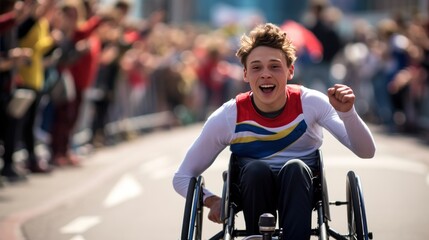 guy at the finish line in a race for the disabled, support for people with disabilities, banner