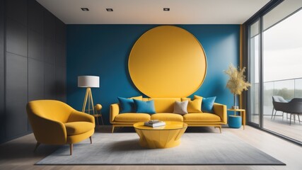 Yellow chair and blue coffee table against wall with copy space. Interior design of modern living...