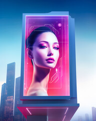 Billboards on a futuristic city scene. Concept art with a futuristic vision of advertising