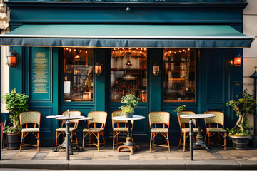 Exterior facade of a traditional European cafe with outdoor terrace":