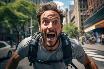 Panic in the city with people running in the street