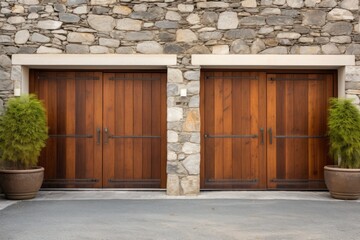 double wooden doors in a stone wall