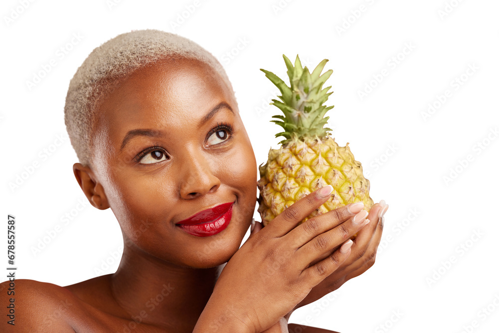 Poster Beauty, thinking face and woman with a pineapple isolated on png transparent background for health and wellness. Black person, smile or makeup with fruit for nutrition, healthy diet or organic detox