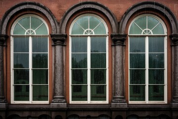 Fototapeta na wymiar rain droplets on tall, rounded windows of an italianate building