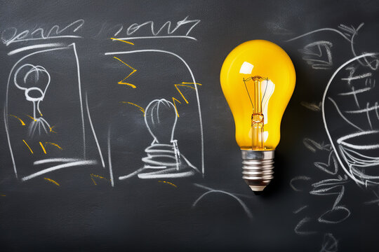 An idea bulb and yellow napkin on the chalk board stock photo, in the style of uhd image, crumpled, interactive