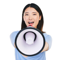 Woman, smile and megaphone for speech, portrait and protest or face and voice. Happy asian person,...