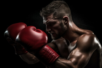 Boxer with an aggressive look in red boxing gloves before a fight against a black background