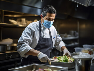 A chef preparing gourmet dishes while wearing eco-friendly tie-on face masks, creative