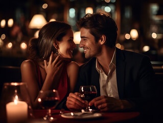 A couple on a romantic dinner date, affectionate, upscale restaurant - obrazy, fototapety, plakaty