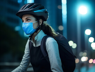  A cyclist in a bustling city, wearing a breathable blue face mask, commuting, city lights