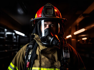 A firefighter confidently wearing a red face mask at a fire station, determined, fluorescent lighting