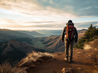 Fototapeta premium A hiker on a mountain trail, determined, natural outdoor lighting, scenic landscape shot