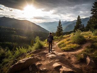 Fototapeta premium A hiker on a mountain trail, determined, natural outdoor lighting, scenic landscape shot