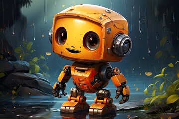 Cute robot walks in the rain. Illustration for children's book or poster for nursery