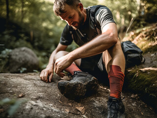 A hiker soothing their sprained ankle with a pet cohesive bandage on a mountain trail - obrazy, fototapety, plakaty