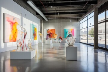 gallery within a concrete building showcasing glass art installations - obrazy, fototapety, plakaty