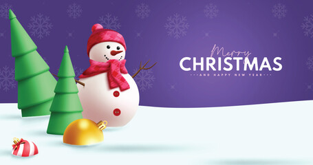 Fototapeta na wymiar Merry christmas text vector design. Christmas and happy new year greeting card with snowman character in winter outdoor season background. Vector illustration holiday season greeting card. 