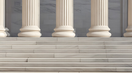 White marble stairs, colonnade, and stone columns of law building with classic, ancient architecture. Copy space for text, advertising, message, logo - obrazy, fototapety, plakaty