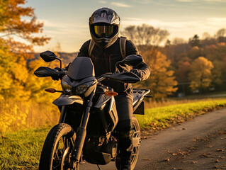 Fototapeta na wymiar A motorcyclist cruising through scenic fall countryside, adventurous