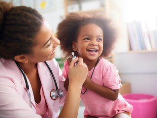A pediatric nurse using a pink, single-head stethoscope on a smiling child in a cheerful pediatric clinic