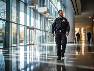 Photography, A security guard patrolling a corporate building, vigilant, office building interior - obrazy, fototapety, plakaty