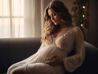 Photography, A serene moment of a pregnant woman resting on a soft couch, relaxed