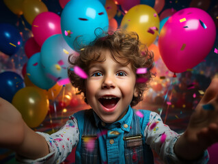 Photography, A young child happily at a colorful birthday party, excited, vibrant lighting