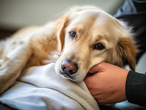 Photography, A veterinarian gently wrapping a dog's injured paw with a pet cohesive bandage in a peaceful clinic