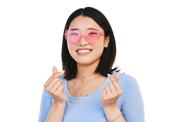 Happy asian woman, portrait and love sign, sunglasses and hand gesture for romance isolated on...