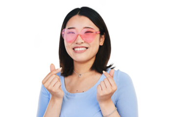 Happy asian woman, portrait and love sign, sunglasses and hand gesture for romance isolated on transparent png background. Cool face of gen z girl with smile, romantic emoji or heart icon with symbol