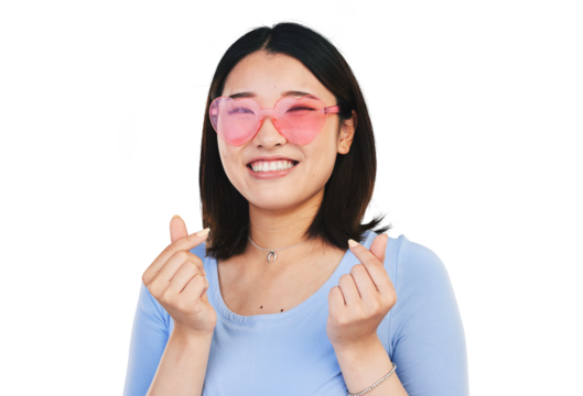 Happy asian woman, portrait and love sign, sunglasses and hand gesture for romance isolated on transparent png background. Cool face of gen z girl with smile, romantic emoji or heart icon with symbol