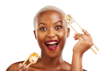 Black woman, portrait and sushi for health, diet or balance on isolated, transparent or png background. Seafood, face and African model excited for raw fish, omega 3 or skincare, beauty or benefits