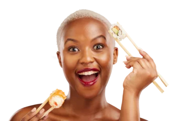Deurstickers Black woman, portrait and sushi for health, diet or balance on isolated, transparent or png background. Seafood, face and African model excited for raw fish, omega 3 or skincare, beauty or benefits © Harsh/peopleimages.com