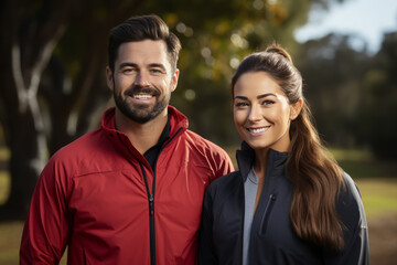 Fototapeta premium young sporty couple in activewear looking at camera outdoors. healthy lifestyle