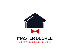 Fototapeta na wymiar Master degree logo design template, Graduation cap with bow tie vector icon
