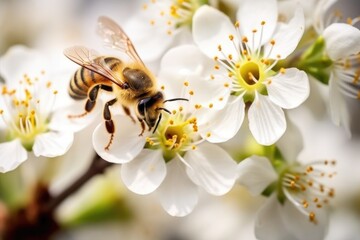 bee extracting nectar from a flower during spring - obrazy, fototapety, plakaty