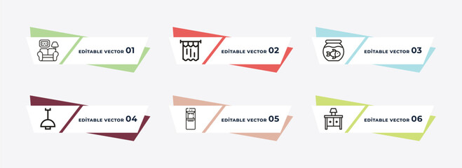 livingroom, shower curtain, fish bowl, lamps, water dispenser, night stand outline icons. editable vector from furniture & household concept.