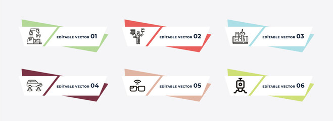 robot arm, telekinesis, cityscape, vehicle, smart glasses, capsule outline icons. editable vector from future technology concept.