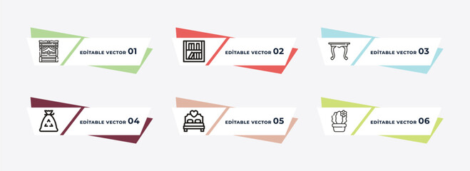 canopy bed, shelf, table linens, garbage bags, sleigh bed, cactus outline icons. editable vector from furniture & household concept.